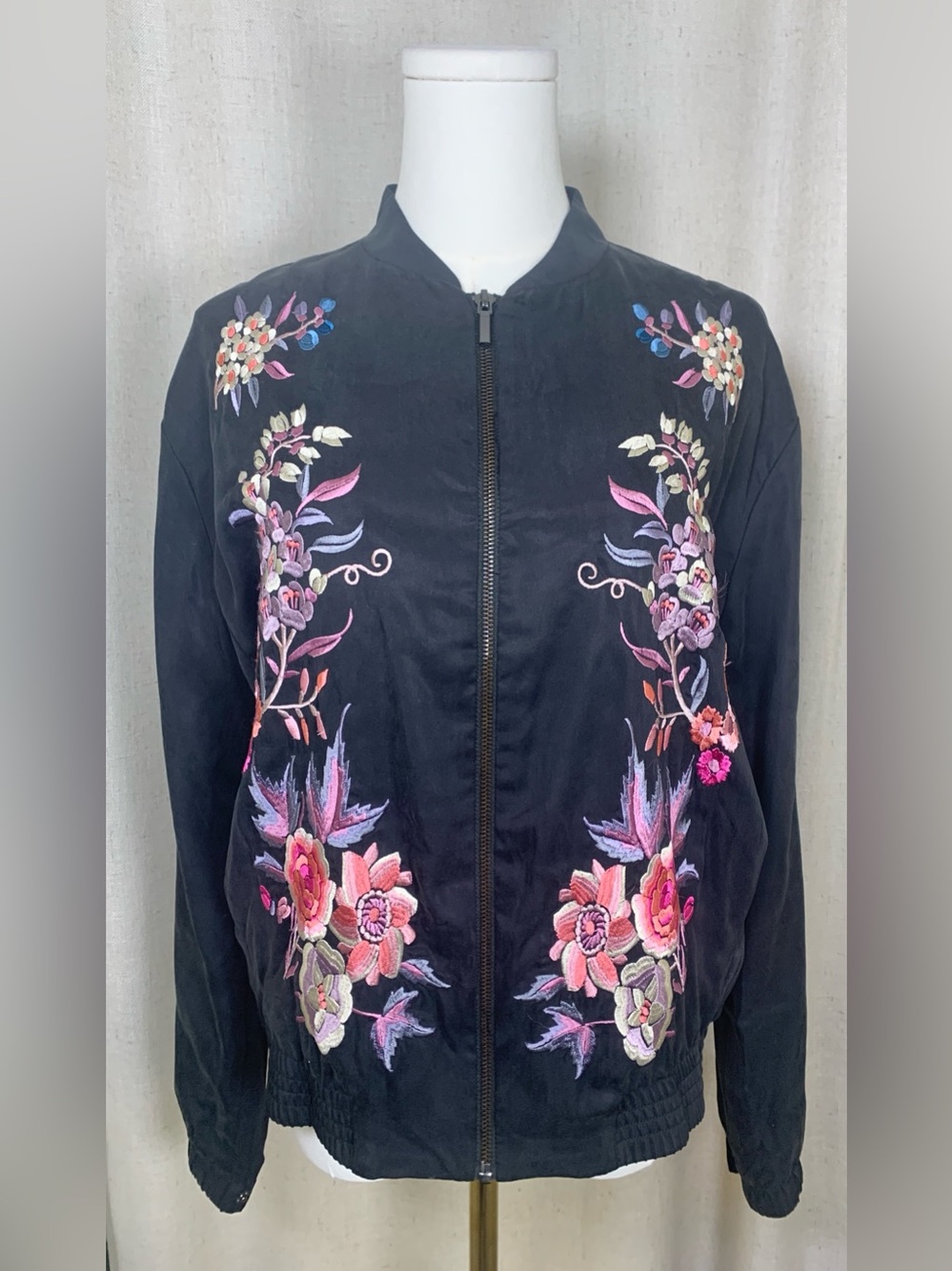 A.Moss Floral Embroidered Black Bomber Jacket - Women's